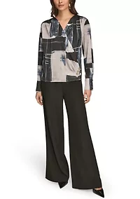 Women's Long Sleeve Print Faux Wrap Blouse