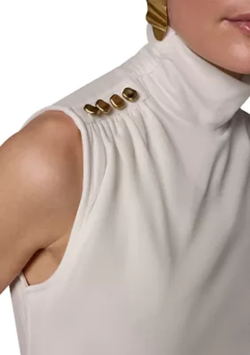 Women's Mock Neck Sleeveless Button Shoulder Top