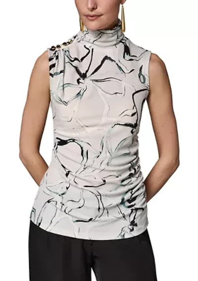 Women's Sleeveless Button Shoulder Mock Neck Blouse
