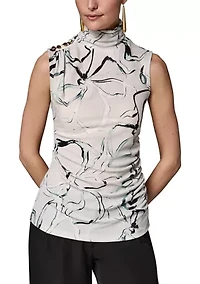Women's Sleeveless Button Shoulder Mock Neck Blouse