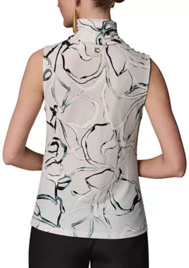 Women's Sleeveless Button Shoulder Mock Neck Blouse