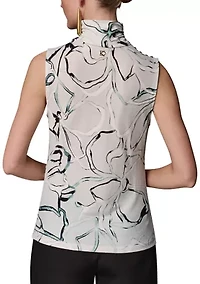 Women's Sleeveless Button Shoulder Mock Neck Blouse