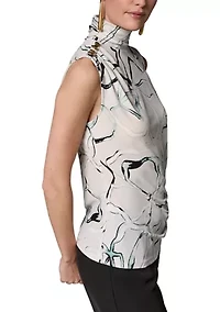 Women's Sleeveless Button Shoulder Mock Neck Blouse