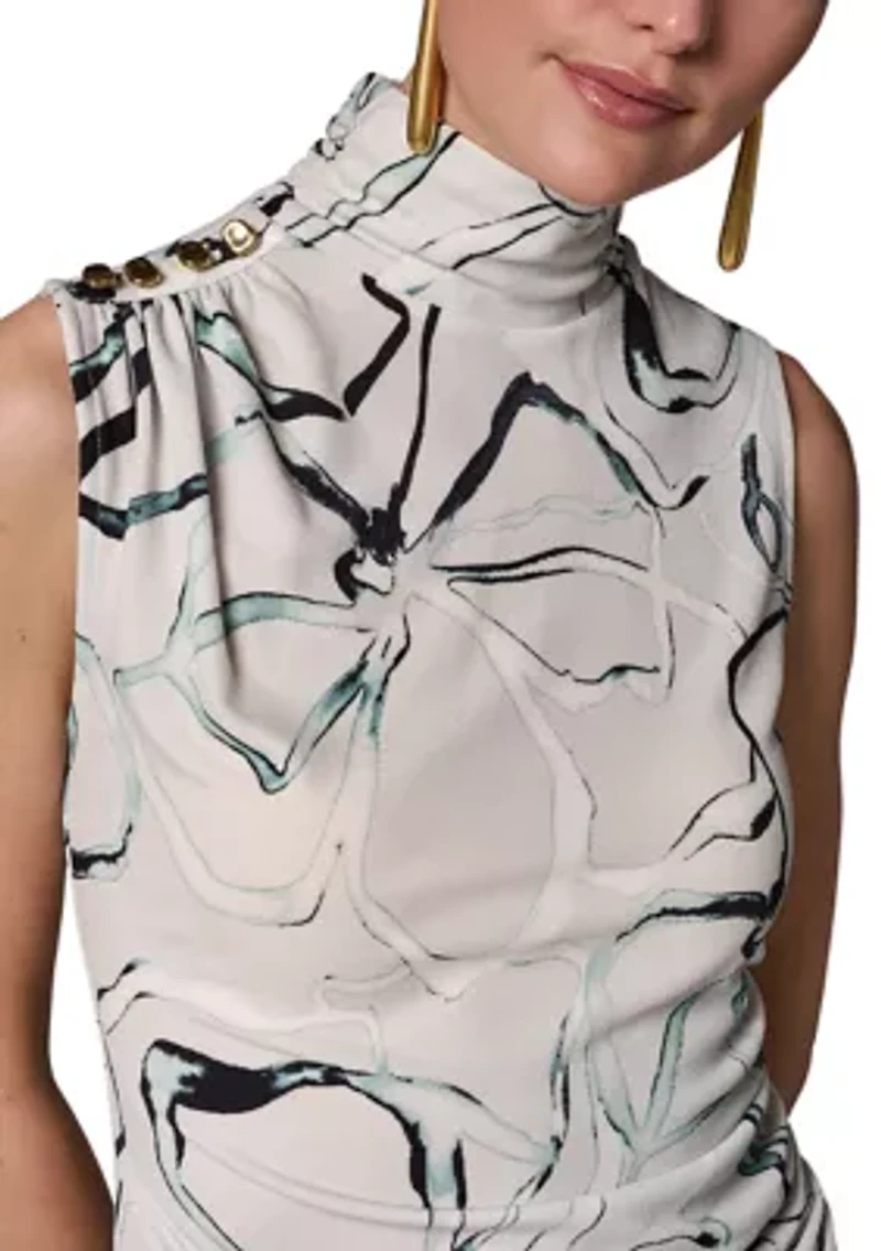 Women's Sleeveless Button Shoulder Mock Neck Blouse