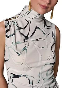 Women's Sleeveless Button Shoulder Mock Neck Blouse