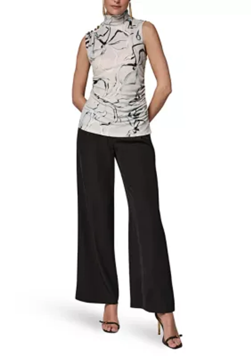 Women's Sleeveless Button Shoulder Mock Neck Blouse