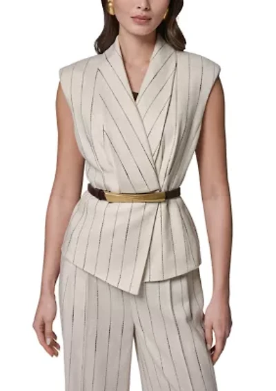 Women's Belted Strap Linen Shawl Collar Vest