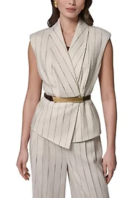 Women's Belted Strap Linen Shawl Collar Vest