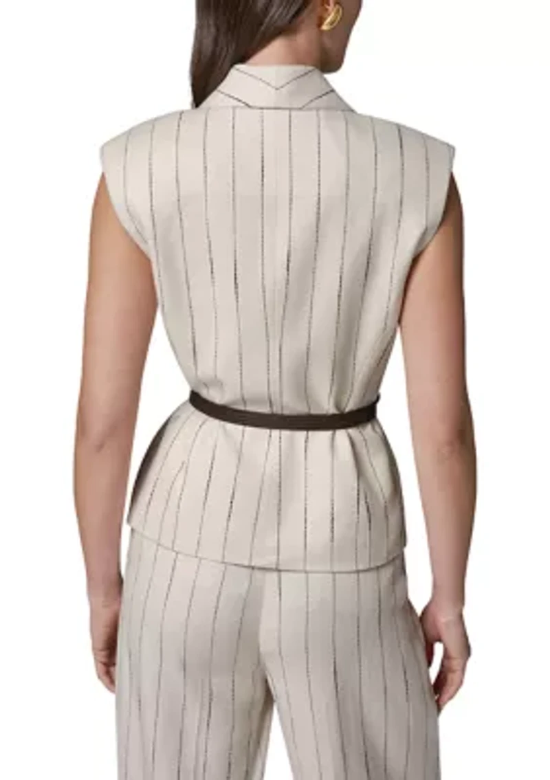 Women's Belted Strap Linen Shawl Collar Vest