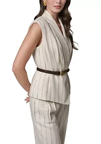 Women's Belted Strap Linen Shawl Collar Vest