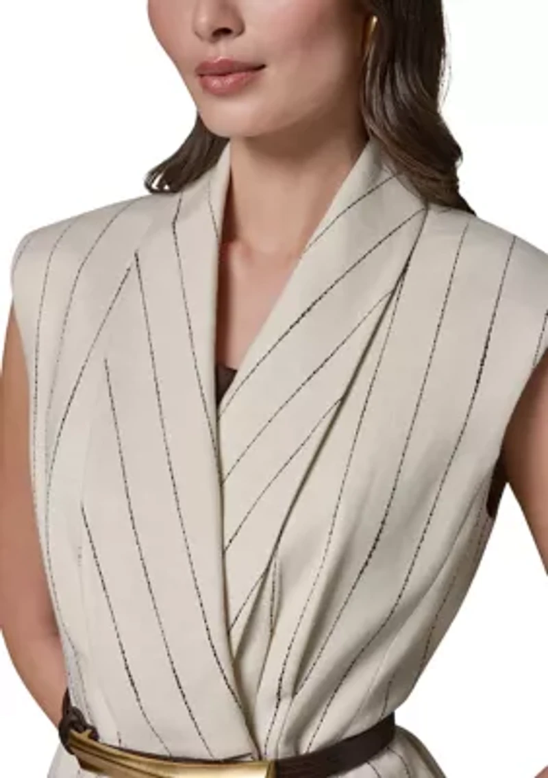 Women's Belted Strap Linen Shawl Collar Vest
