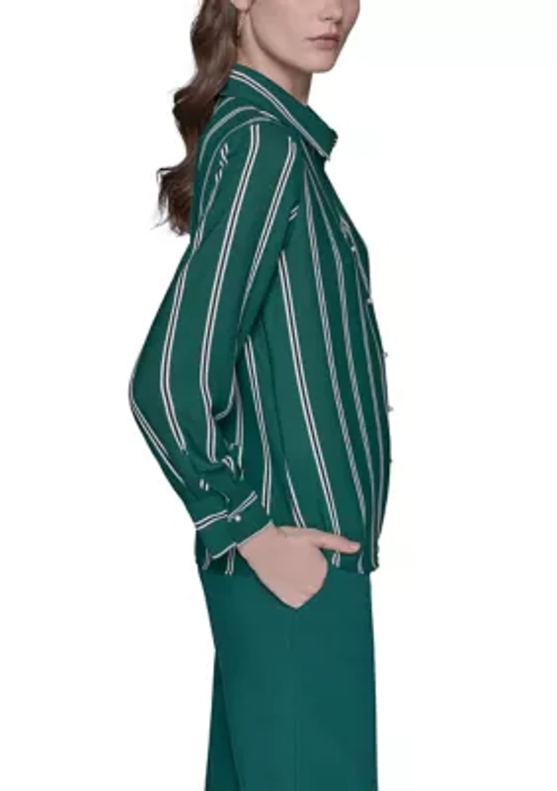 Women's Striped Pearl Button Front Blouse