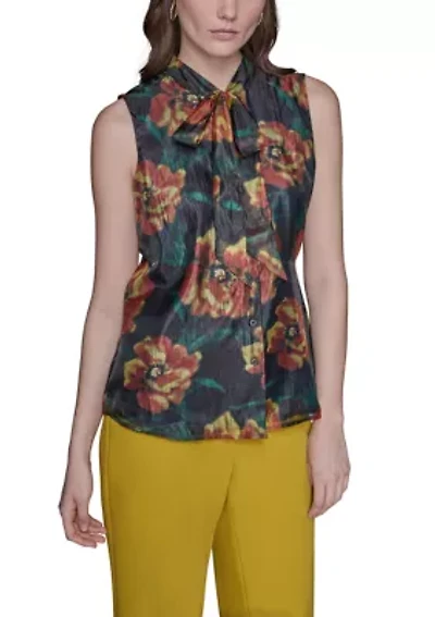 Women's Crinkled Organza Sleeveless Tie Neck Blouse