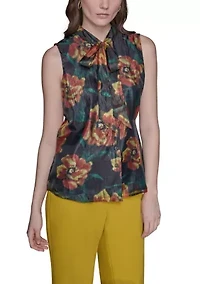 Women's Crinkled Organza Sleeveless Tie Neck Blouse