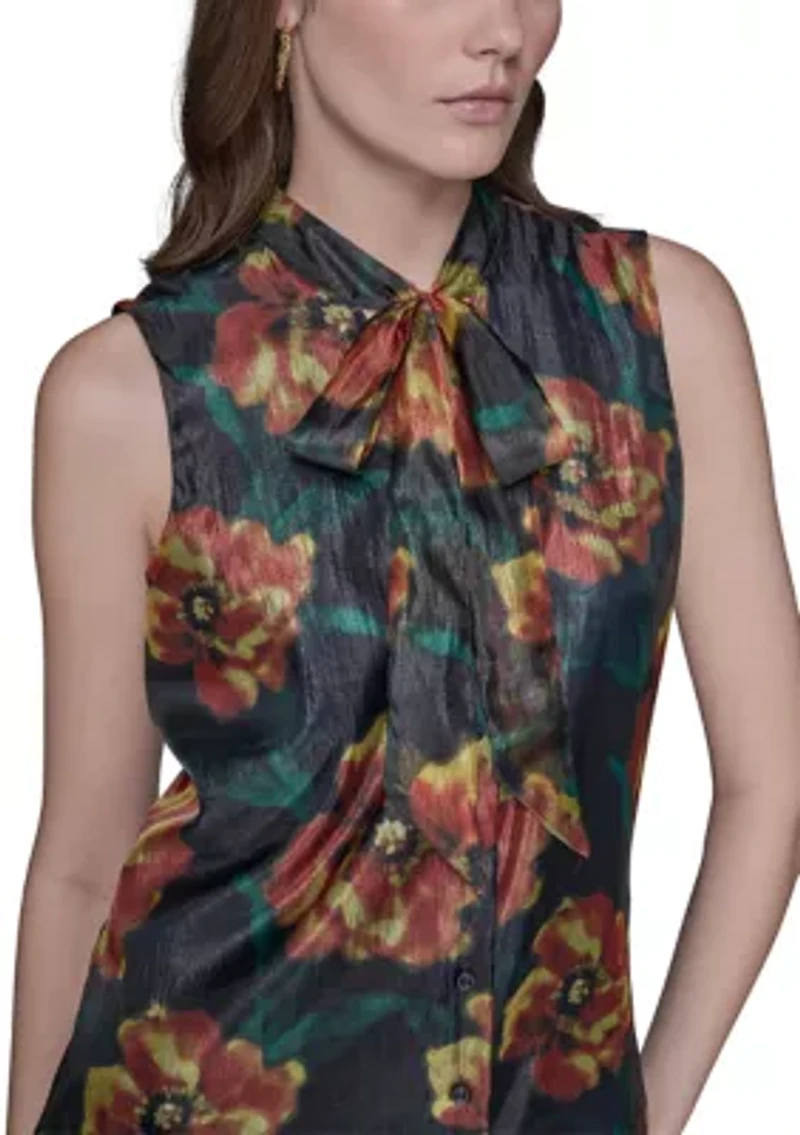 Women's Crinkled Organza Sleeveless Tie Neck Blouse