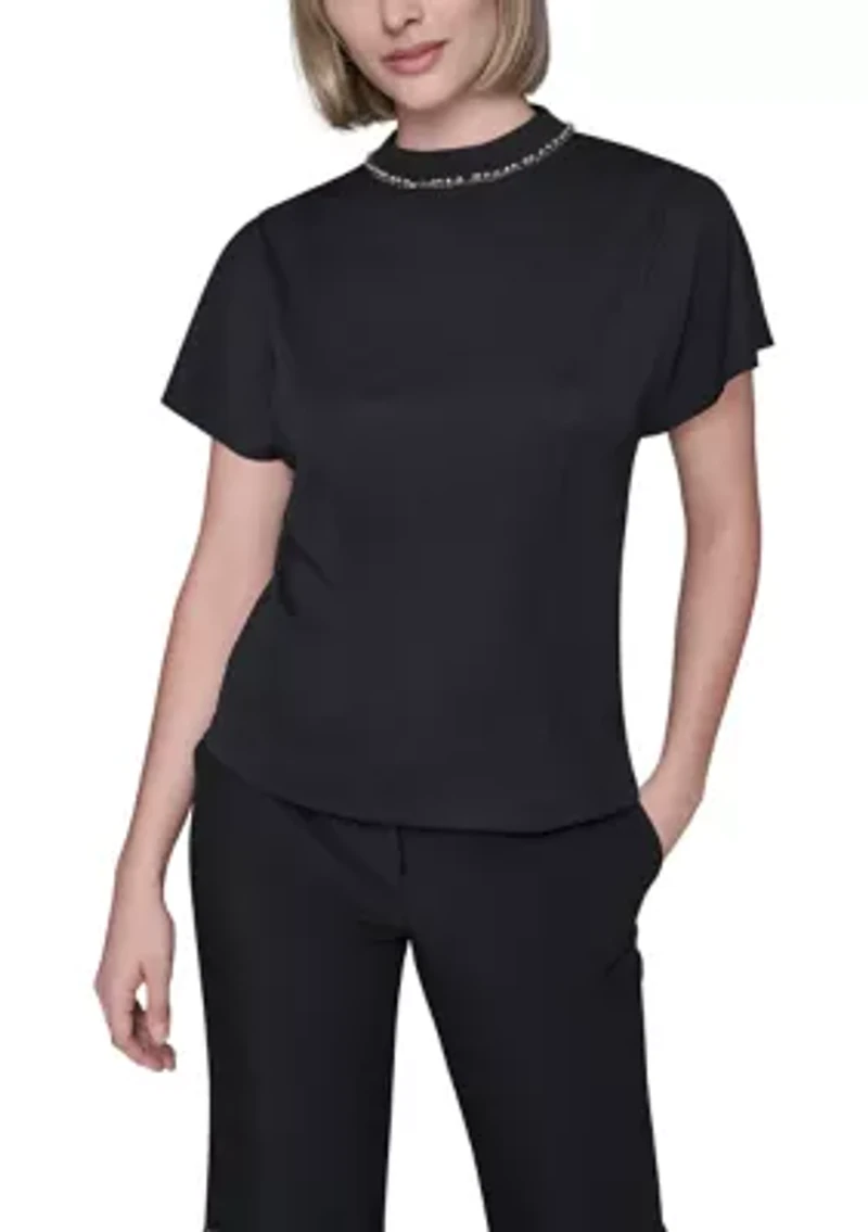 Women's Short Sleeve Top with Embellished Neckline