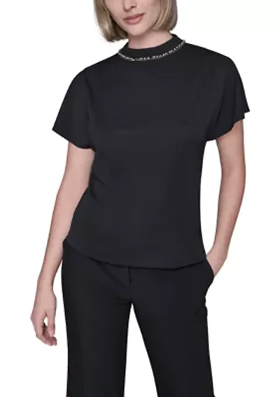 Women's Short Sleeve Top with Embellished Neckline