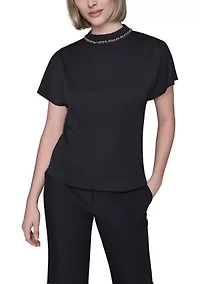 Women's Short Sleeve Top with Embellished Neckline