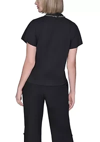 Women's Short Sleeve Top with Embellished Neckline