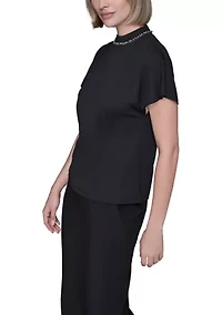 Women's Short Sleeve Top with Embellished Neckline
