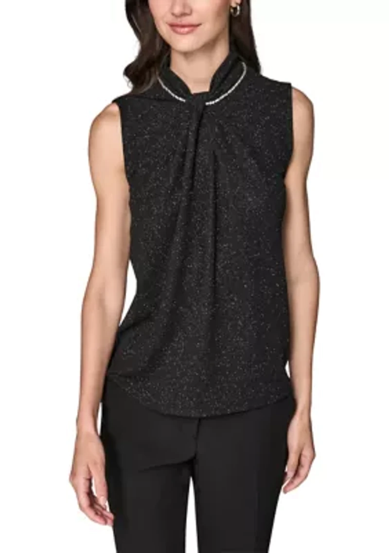 Women's Sleeveless Novelty Knit Top with Rhinestone at Neckline