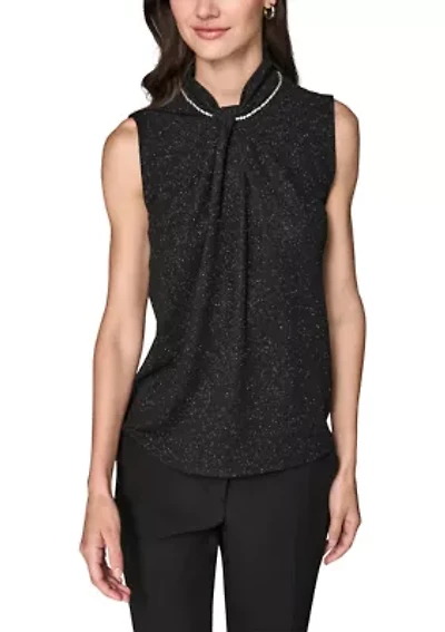 Women's Sleeveless Novelty Knit Top with Rhinestone at Neckline