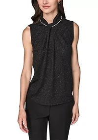 Women's Sleeveless Novelty Knit Top with Rhinestone at Neckline
