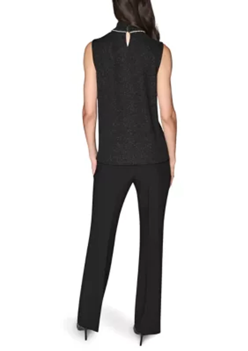 Women's Sleeveless Novelty Knit Top with Rhinestone at Neckline