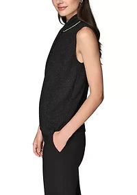 Women's Sleeveless Novelty Knit Top with Rhinestone at Neckline