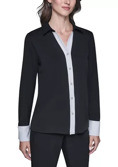 Women's Long Sleeve Contrast Tipped Blouse