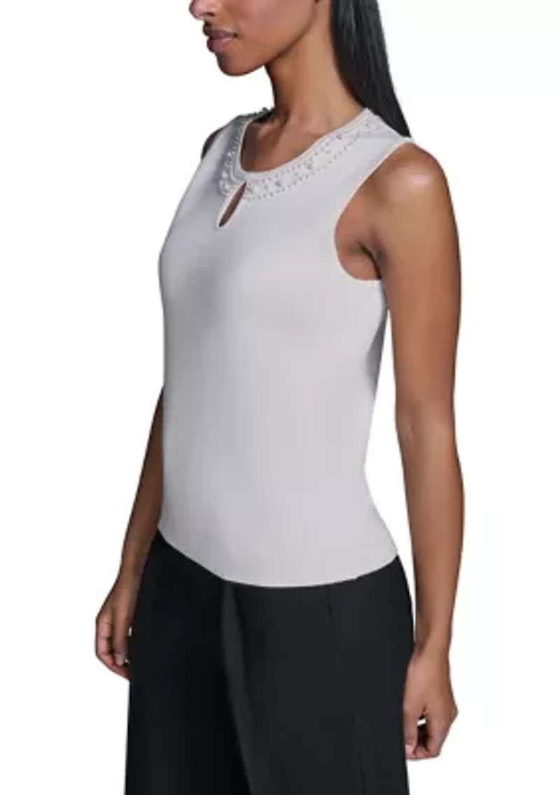 Women's Sleeveless Pearl Trim Sweater