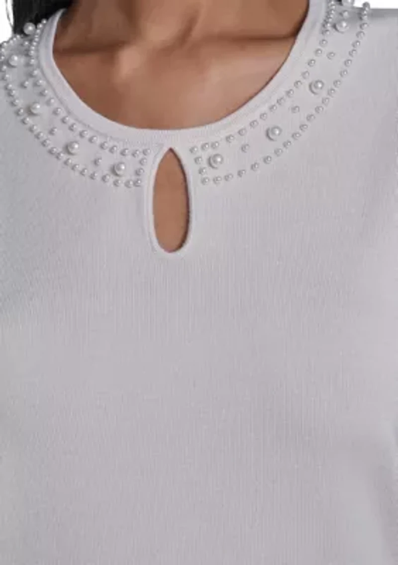 Women's Sleeveless Pearl Trim Sweater