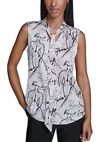 Women's Printed Sleeveless Tie Neck Blouse