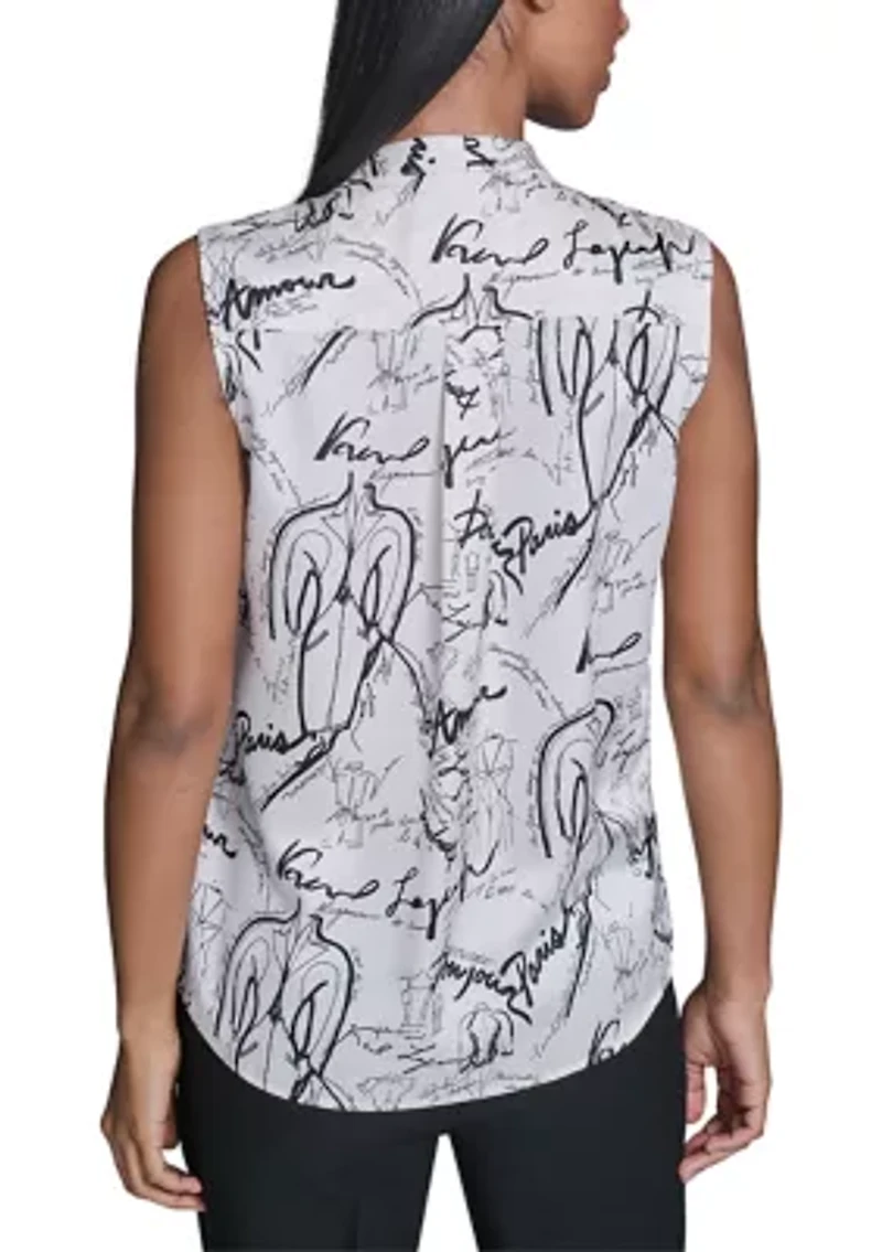 Women's Printed Sleeveless Tie Neck Blouse