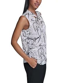 Women's Printed Sleeveless Tie Neck Blouse