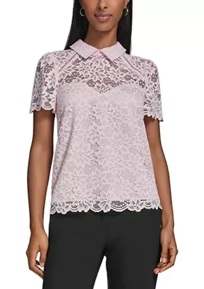 Women's Collared Lace Short Sleeve Shirt