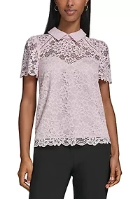 Women's Collared Lace Short Sleeve Shirt