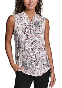 Women's Sleeveless Printed Tie-Neck Blouse