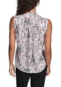 Women's Sleeveless Printed Tie-Neck Blouse