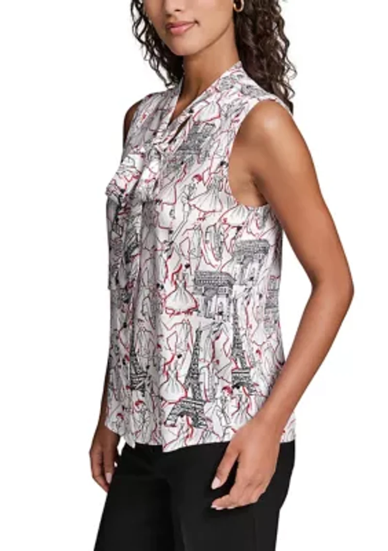 Women's Sleeveless Printed Tie-Neck Blouse