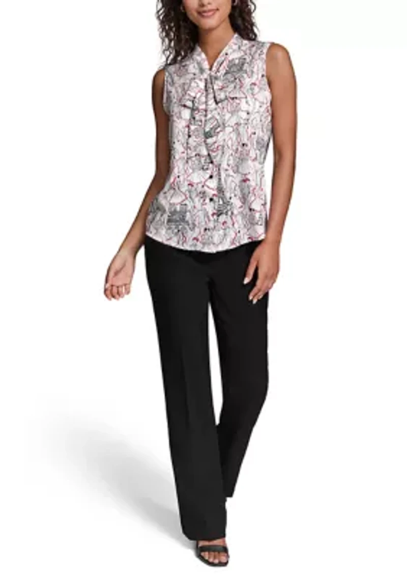 Women's Sleeveless Printed Tie-Neck Blouse