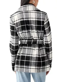Women's Plaid Faux Wool Peacoat with Belt