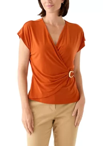 Women's Short Sleeve Jersey Wrap V-Neck Blouse