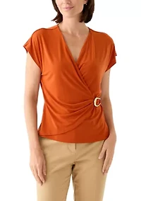 Women's Short Sleeve Jersey Wrap V-Neck Blouse