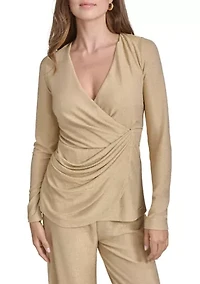 Women's Gold Shimmer Faux Wrap Knit Top