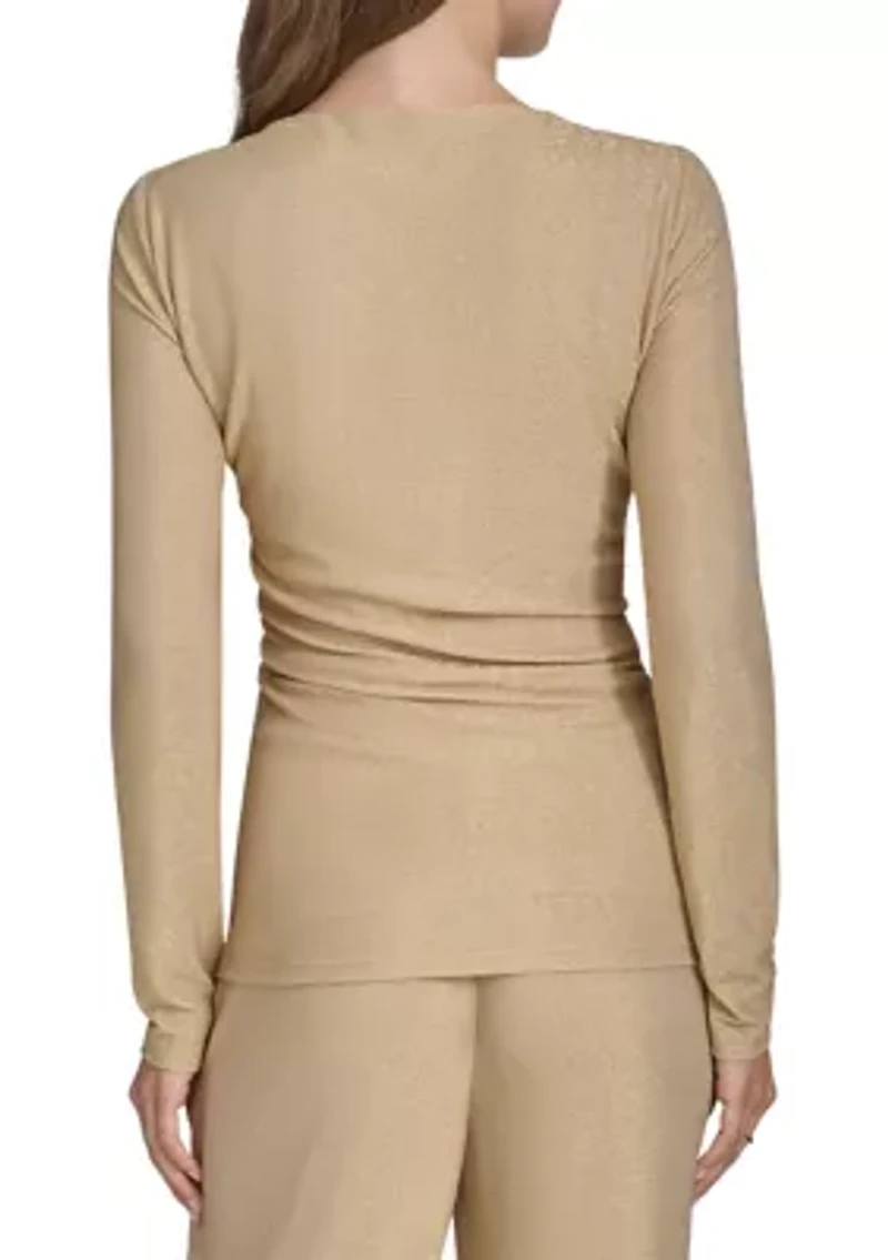 Women's Gold Shimmer Faux Wrap Knit Top