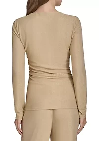 Women's Gold Shimmer Faux Wrap Knit Top