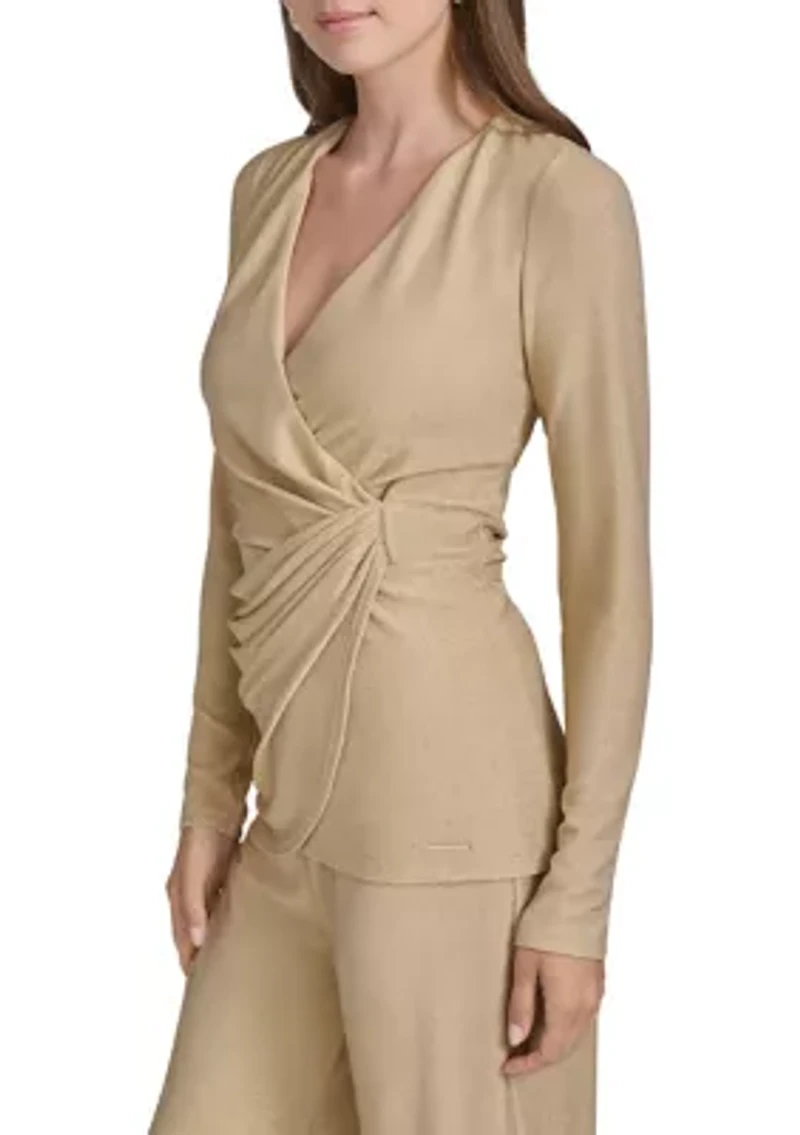 Women's Gold Shimmer Faux Wrap Knit Top