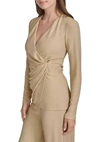 Women's Gold Shimmer Faux Wrap Knit Top
