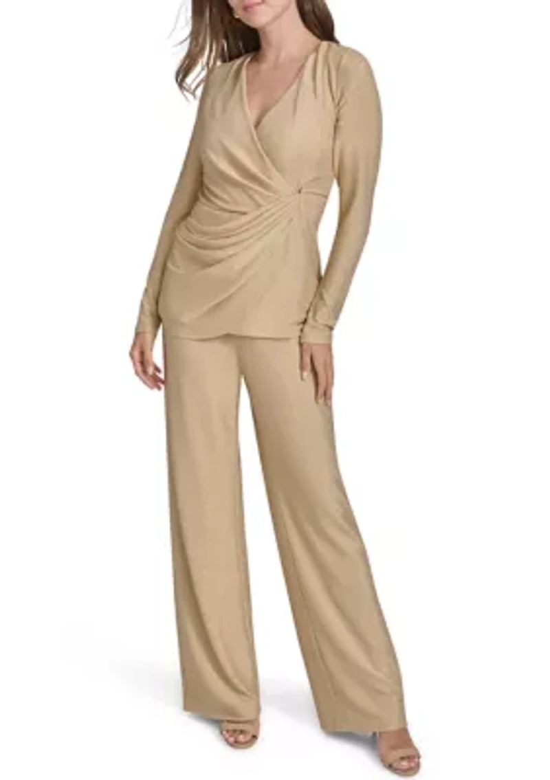 Women's Gold Shimmer Faux Wrap Knit Top